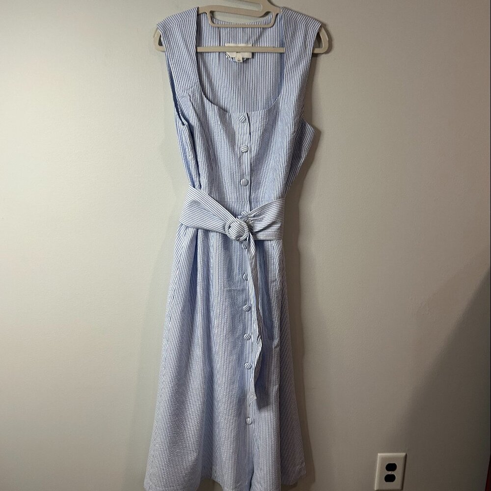 Pomander Place Dress Wms. Medium Blue Seersucker Delta Button Front Midi Size L - Picture 3 of 7